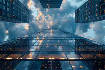 Aufkleber - Glass skyscraper in the foreground, with a backdrop of city high-rises, eye-level view,