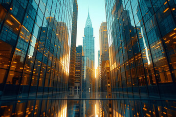 Aufkleber - Glass skyscraper in the foreground, with a backdrop of city high-rises, eye-level view,