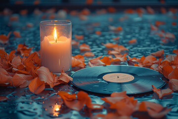 Wall Mural - Focus on a silver vinyl record on a table (centerpiece), with a candle next to it,