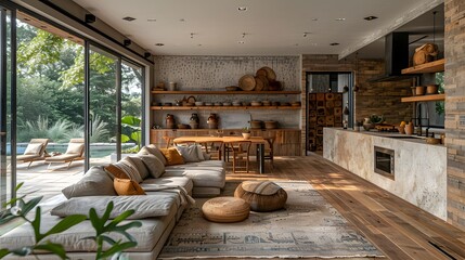 Modern spacious living room and kitchen interior with large windows, comfortable furniture, and wooden accents against a nature backdrop, perfect for a cozy home concept. 