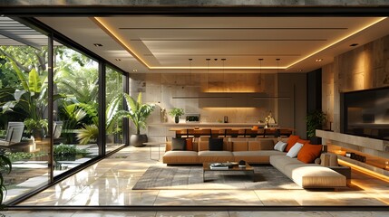 Wall Mural - Modern luxury living room with natural light and stylish furniture, indoors. 