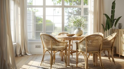 Wall Mural - Bright and airy dining room with wicker chairs and a wooden table decorated with fresh flowers by a large window with sheer curtains, embodying a modern cozy interior design concept. 