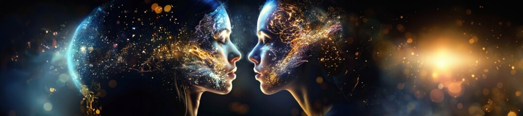 Two woman heads facing each other. Superimposition of lights, swirls, cosmos. Concept of empathy, universal love, inner balance, compassion, spiritual wholeness. Twin souls, flames.