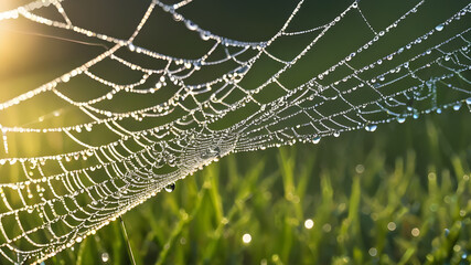 Close-up of dew drops on a spider web glistening in the morning sun. Generative AI