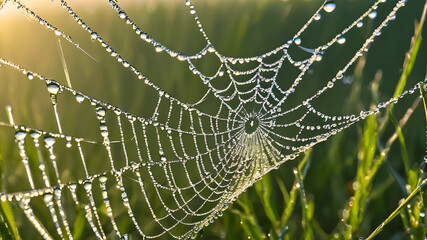 Close-up of dew drops on a spider web glistening in the morning sun. Generative AI