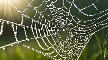 Close-up of dew drops on a spider web glistening in the morning sun. Generative AI