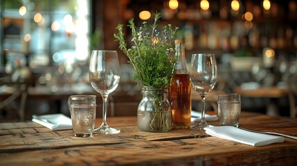 elegant dining table setup with wine glasses and a fresh herb centerpiece in a cozy restaurant ambia