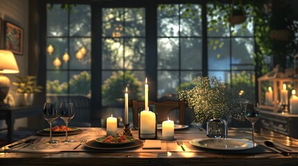 An elegantly set dinner table for two with lit candles and a dusk view through the windows offers a romantic atmosphere. 