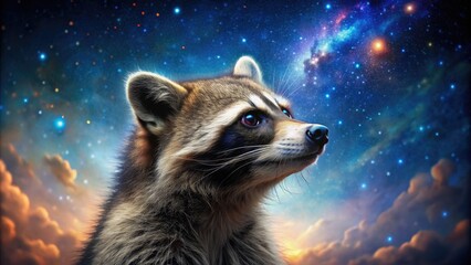 Poster - Raccoon gazing at a starry galaxy backdrop.