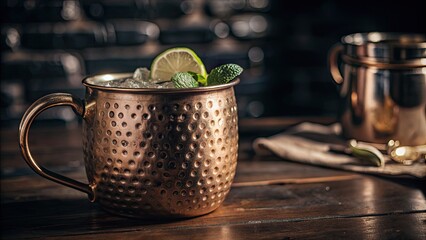 Canvas Print - Copper mug with a refreshing drink and a lime wedge.