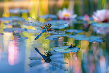 Wall Mural - A dragonfly hovers over a pond, wings a blur, reflecting in the water