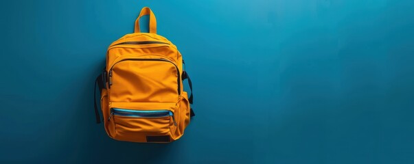 Yellow backpack hanging on a blue background with copy space for text or branding. Free Copy space for text.