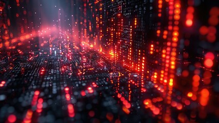 Poster - a close-up of a futuristic digital grid with glowing orange illuminated cubes on a black background.