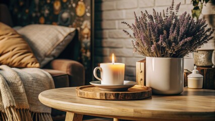 Canvas Print - Cozy living room with a candle and a cup of tea.