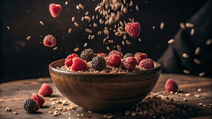 Poster - Fresh berries falling into a bowl of cereal on a wooden table.