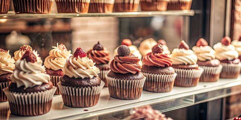 Canvas Print - Assorted cupcakes with various frosting in a display case.