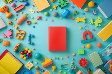 Poster - A vibrant scene with childrens books surrounded by colorful toys, perfect for educational centers or bookstores. Generative AI