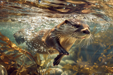 Wall Mural - An otter dives into a river, creating bubbles and ripples