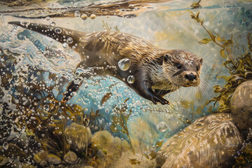 Wall Mural - An otter dives into a river, creating bubbles and ripples