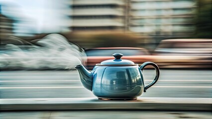 Poster - Steaming teapot on a wooden table in a cozy kitchen.