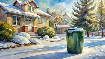 Poster - Snow-covered suburban neighborhood with a green recycling bin.