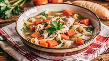 Wall Mural - Bowl of vegetable soup with fresh herbs on a wooden table.