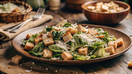 Fresh salad with croutons and parmesan cheese on a plate.