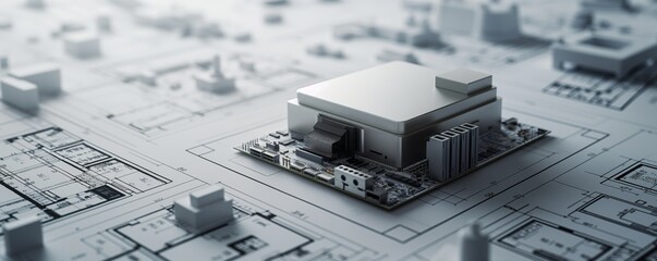 Monochromatic 3D render of a modern industrial building superimposed over technical blueprints