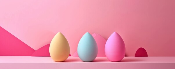 Pink beauty blender surrounded by delicate flowers on a pastel pink background. Free Copy space for text.