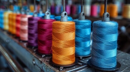 Wall Mural - A close-up shot of colorful spools of thread in a factory, highlighting the vibrant shades and organized arrangement that is typical in textile production environments.