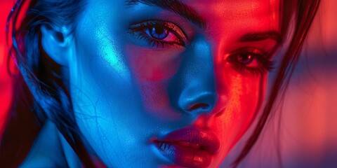 Wall Mural - Portrait of a woman in vibrant red and blue lighting