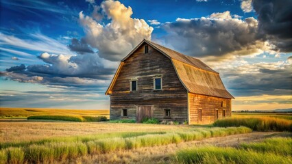 Canvas Print - Rustic old barn standing in a vast open field under a cloudy sky.