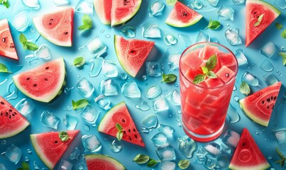 Wall Mural - Watermelon juice surrounded by watermelon slices