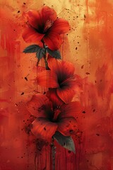 Wall Mural - Abstract Red Hibiscus Flower Design With Watercolor Splashes