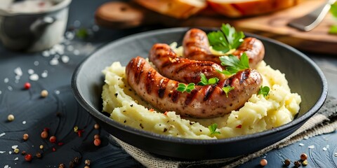 Wall Mural - Creamy mashed potatoes and grilled sausages A comforting meal captured in a photo. Concept Food Photography, Comforting Dishes, Homecooked Meals, Delicious Comfort Food, Sausages and Mashed Potatoes