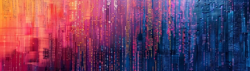 Wall Mural - A digital artwork portraying a cityscape with code flowing in a vibrant, colorful pattern.