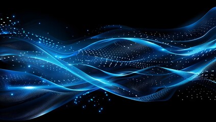 Aufkleber - Abstract blue digital background with dots and waves of particles on black space, AI technology concept