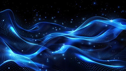 Wall Mural - Abstract blue digital background with dots and waves of particles on black space, AI technology concept