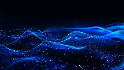 Poster - Abstract blue digital background with dots and waves of particles on black space, AI technology concept
