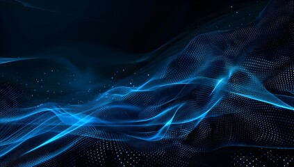Poster - Abstract blue digital background with dots and waves of particles on black space, AI technology concept