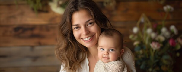 A warm image showcasing a young mother with her infant against a rustic wooden background, both appearing content