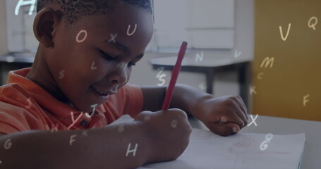 Poster - Image of looping letter over african american boy writing in book at classroom