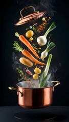 Poster - AI illustration of a vibrant assortment of vegetables and spices floating above a copper pot