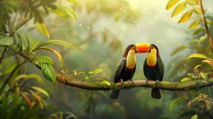 Two vibrant toucan birds perch on a branch amidst lush rainforest greenery. The couple poses against a blurry backdrop, leaving ample space for your message.