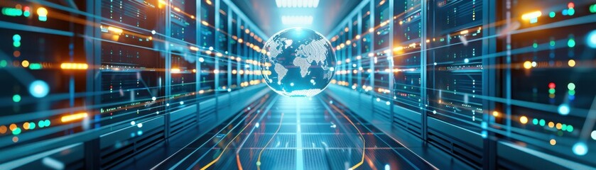 Futuristic data center with servers and digital globe representing global network connectivity and technology.