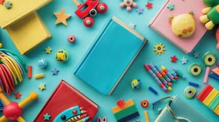 Poster - A vibrant spread of colorful childrens books and toys, perfect for creating a stimulating and educational environment in classrooms or bookstores. Generative AI