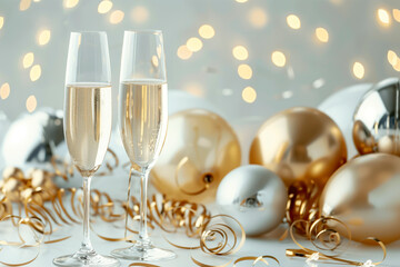 Close-Up Festive Champagne Celebration. Close-up of champagne flutes with gold and silver decorations ideal for celebrations.