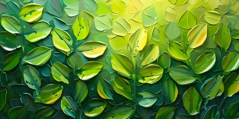 Wall Mural - Contemporary Oil Painting Featuring Lush Green Leaves with Intricate Details and Three-Dimensional Perspective. Concept Oil Painting, Contemporary Art, Lush Green Leaves, Intricate Details