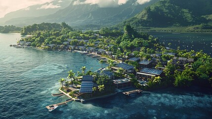 A remote island community powered entirely by renewable energy microgrids, demonstrating the potential for off-grid communities to achieve energy independence through sustainable technologies.