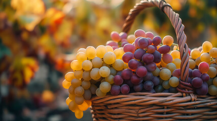 Sticker - A close-up of a basket filled with freshly picked grapes, symbolizing the richness of harvest season 